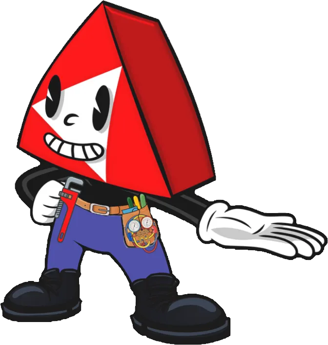 Cartoon character with a red pyramid-shaped head, holding a wrench, wearing a tool belt with gadgets, and extending one hand outward.
