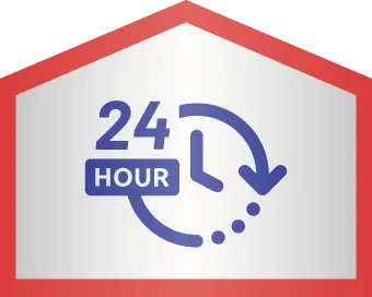 A blue clock icon with "24 HOUR" text, inside a red-edged hexagonal frame, symbolizes 24-hour service or availability.