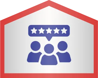 Three people icons with a speech bubble above them displaying five stars, symbolizing group consensus or a high-rated review.