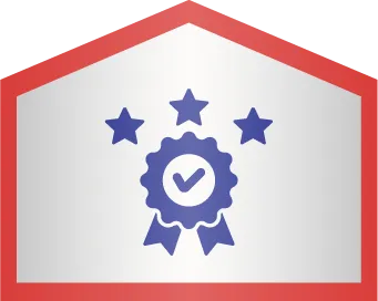 A blue ribbon with a check mark and three stars above it is centered inside a red-bordered pentagon shape.