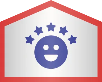 A blue smiling face with five blue stars above it, set inside a red-outlined pentagon shape on a white background.