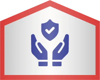 Icon of two hands holding a shield with a check mark, enclosed in a red-edged hexagon, representing protection or security.