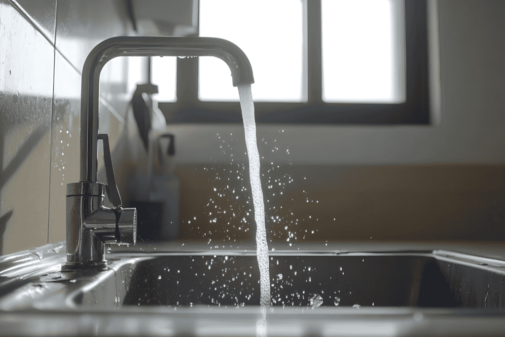 A stream of water flows from a kitchen faucet into a stainless steel sink, causing water droplets to splash. Sunlight enters through a window in the background.